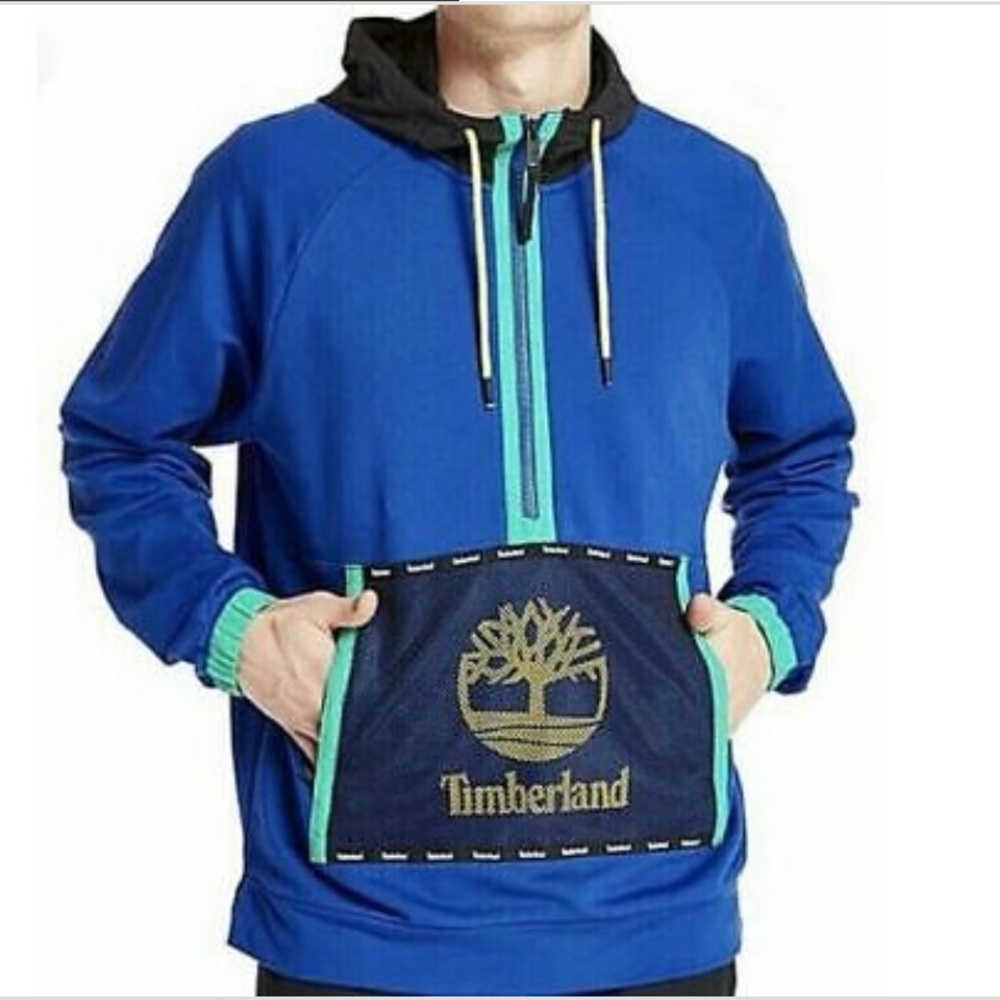 Timberland Mixed Media Mesh Pocket Pull Over Hoodie Men’s Blue Medium 🆕